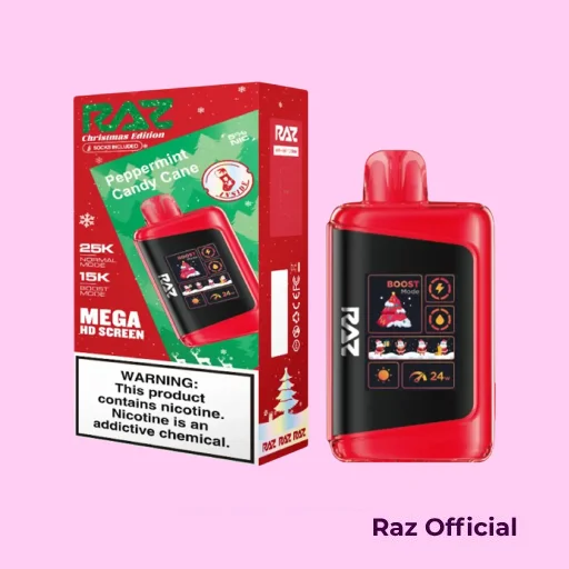 The Peppermint Candy Cane Raz DC25000 Christmas Edition which is a brilliant product from Raz DC25000 Lineup brings the holiday spirit to life with its signature peppermint flavor.